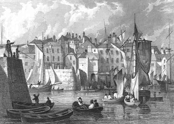 Plymouth_The Barbican, Pool &amp; Co_steel engraving drawn by T. Allom, engraved by H. Wallis_1829